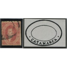 ARGENTINA 1864 GJ 19 RIVADAVIA ESTAMPILLA DE 2da TIRADA DE IMPRESIÓN MOVIDA POSIBLEMENTE DOBLE y MATASELLO CATAMARCA U$ 30 + 50 %